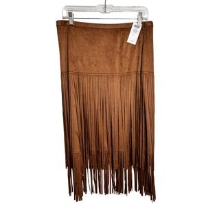 Chico's Faux Suede Fringe Skirt Womens 1.5 Brown NEW Bahama Brown 570150607
